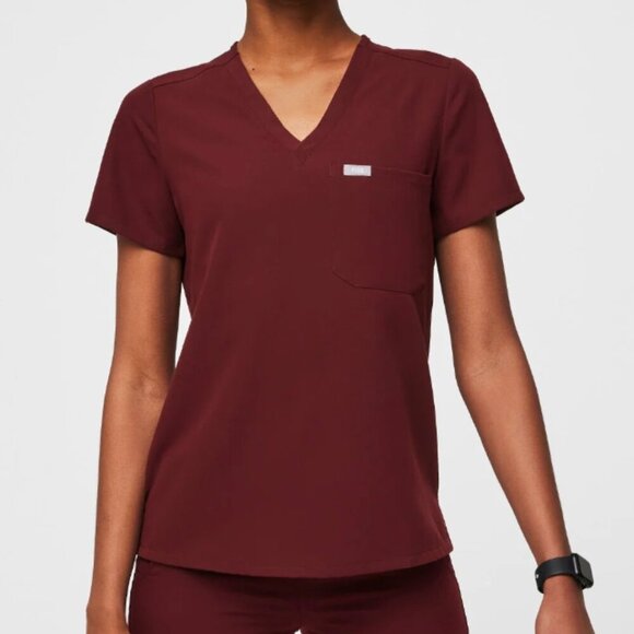 FIGS Women's Catarina One-Pocket Racing Scrub Top in Burgundy, size XS - Picture 1 of 4